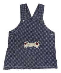 Tmavomodré plátěné laclové šaty s puntíky a krajkou 