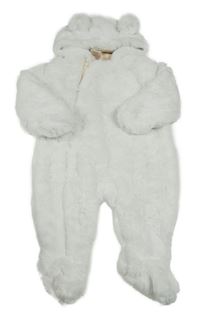 Bílá kožešinová podšitá kombinéza s kapucí 