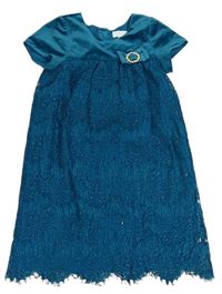 Modrozelené krajkovo/sametové slávnostné šaty s mašlou s broží CAMILLA