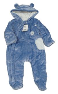 Modrá plyšová zateplená kombinéza s medvedíkom a kapucňou s uškami Mothercare