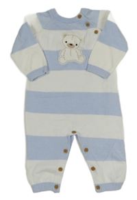 Světlemodro-biely pruhovaný pletený overal s medvedíkom little nutmeg