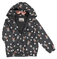 Tmavošedá puntíkatá šusťáková jarní bunda s Minnie a kapucí Disney