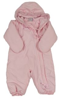 Svetloružová šušťáková zimná kombinéza s nápisom a mašľami a kapucňou s kožešinou