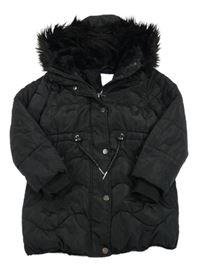 Černá prošívaná šusťáková zimní parka s kapucí s kožešinou Next