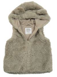Béžovošedá kožušinová podšitá vesta s kapucňou s uškami F&F