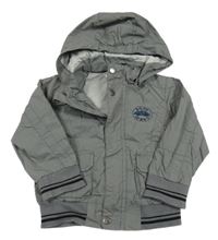 Šedý šusťákový jarní bomber s autom a pruhmi a odopínacíá kapucňou impidimpi