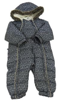Tmavomodrá vzorovaná prošívaná šusťáková zimní kombinéza s kapucí s kožešinou OBaïBi