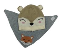 2Set - Hnedo-smotanová pletená čapica s čumáčkem MANOR + šedý melírovaný fleecový šátek/s s liškou Smile