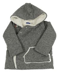 Šedý melírovaný pletený propínací zateplený svetr s kapsou a kapucí lupilu