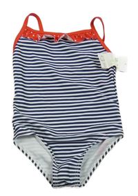 Nové - tmavomodro-bílo-červené pruhované jednodílné plavky s volánkem s puntíky PRIMARK