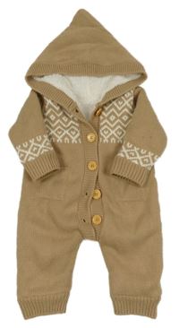 Béžová pletená zateplená kombinéza se vzorem a kapucí 