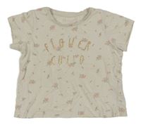 Smotanové crop tričko s kvietkami a zlatými nápisy PRIMARK