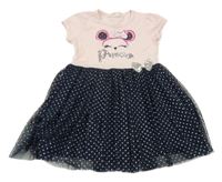 Světlerůžovo-tmavomodré šaty s myškou a flitry a mašlí tylem a puntíky BREEZE Girls