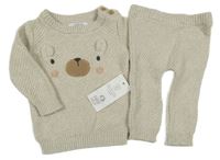Nové - 2Set - Světlešedobéžový melírovaný vzorovaný svetr s medvídkem + kalhoty F&F