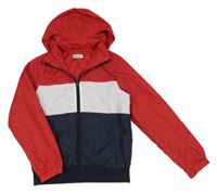 Červeno-bílo-tmavomodrý šusťákový podzimní bomber s odepínací kapucí H&M
