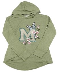 Khaki melírovaná úpletová mikina s písmenem s motýlom a kapucňou H&M