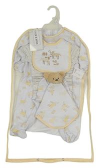 Nové - 5set - Bílý overal s ovcemi + slinták + pruhované body + bavlněná čepice + rychlozavinovačka