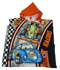 Červeno-šedo-barevné osuškové pončo s auty a kapucí