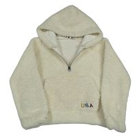 Smetanová chlupatá crop mikina s nápisem a kapucí Review