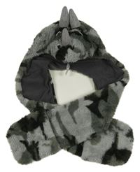 Šedo-černá vzorovaná chlupatá čepice se šálou - dinosaurus George