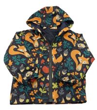 Tmavomodrá šusťáková jarní bunda s liškami a kapucí