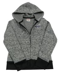 Šedá melírovaná pletená propínací mikina s nápisem a kapucí