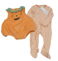 Nové - 2 set - oranžovo-bílý overal + oranžová sametová zateplená vesta - dýně F&F