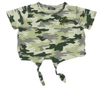 Světlezeleno-zeleno-sivé army crop tričko s palmami z flitrů Primark