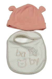 2set - Růžová čepice s oušky + bílo-béžový bryndák s hvězdou a medvědem 