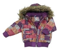 Fialovo-bílo-oranžovo-růžová pruhovaná šusťáková zateplená bunda s kapucí s kožešinou Name it