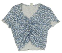 Modro-bílé květované žebrované crop tričko Shein