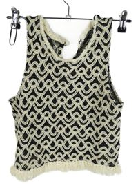 Dámský černo-smetanový vzorovaný pletený crop top s třásněmi Primark 