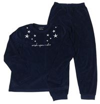 Tmavomodré zamatové pyžama s nápisom a hviezdičkami Primark