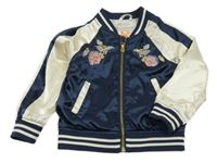 Tmavomodro-smotanová saténová podšitá bunda s kvietkami H&M