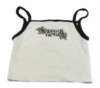 Bielo-čierny crop top s nápisem Stranger things a květinami H&M