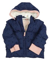 Nové- Tmavomodrá puntíkatá šusťáková zimní bunda s kapucí Topolino