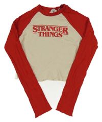 Červeno-smetanové žebrované crop triko s nápisem H&M