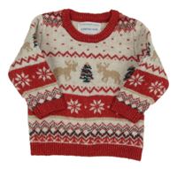 Červeno-béžový vzorovaný sveter s jeleňmi Primark