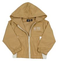 Béžová šušťáková jarná bunda s nápisom a kapucňou