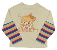 Svetlobéžové tričko s dievčatkom a pruhovanymi rukávy