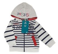 Nové - Bílo-tmavomodrá pruhovaná propínací mikina s nápisy a kapucí 