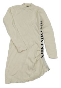 Smotanové šaty s nápisem, nařasením a rolákom NIK&NIK