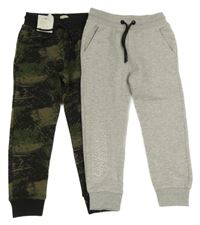 Nové - 2x tepláky - khaki-zeleno-černé vzorované + šedé melírované s nápisom F&F