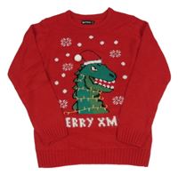 Červený sveter s dinosaurom a vločkami