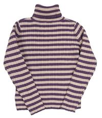 Fialovo-svetloružový pruhovaný rebrovaný sveter s rolákom Nutmeg