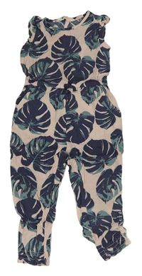 Světlerůžovo-tmavomodrý letní kalhotový overal s lístky H&M