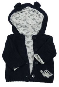 Tmavomodrý propínací podšitý svetr s diinosaurem a kapucí Bubble Gum 