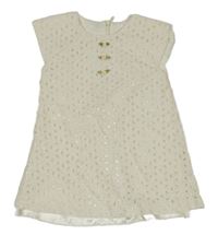 Smotanové plátenné děrované šaty s kvetmi