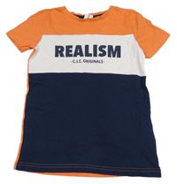 Oranžovo-tmavomodro-biele tričko s nápisom Chapter young