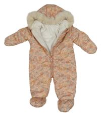 Světlerůžová šusťáková květovaná zimní kombinéza s kapucí George 